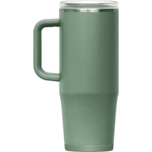 A drink bottle in a matte sage green colour with a clear lid and a side handle. It features a logo.