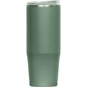 A drink bottle in a matte green finish with a clear lid and a sleek, modern design. It features a logo on the side.
