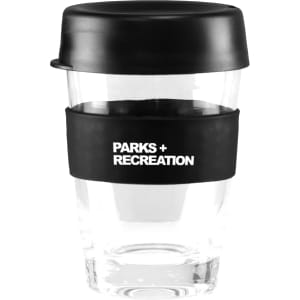 A drink bottle with a transparent body, black lid, and black band, featuring a logo on the band.