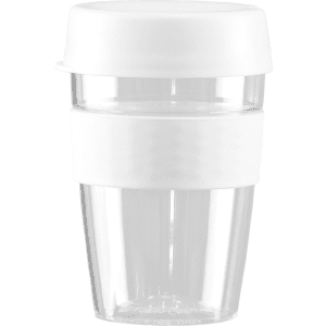 A drink bottle made of clear plastic with a white lid and band, featuring a stylish design.