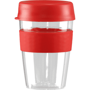 A drink bottle with a clear body, red lid, and red silicone band, designed for carrying beverages.