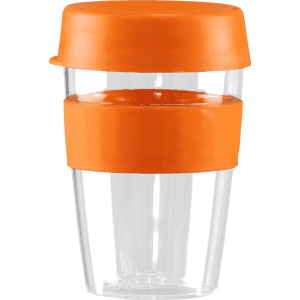 A drink bottle with a clear body, orange lid, and an orange silicone band. It has a logo on the side.