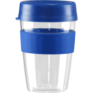 A drink bottle featuring a clear body, blue lid, and blue silicone band, holding 360ml. Includes a logo.
