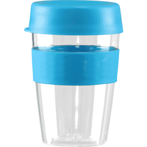 A drink bottle featuring a clear body, blue lid, and blue silicone band, designed for convenient use.