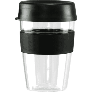 A drink bottle with a transparent body, black lid, and a black band. It has a capacity of 360ml.