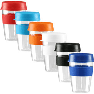 A drink bottle set featuring six Tritan carry cups with lids and bands in various colours: red, blue, orange, white, black, and clear.