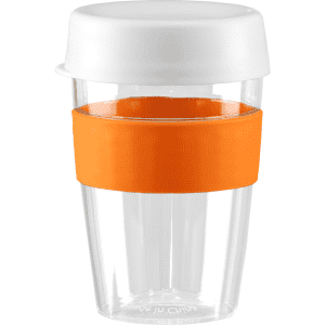 A drink bottle with a clear body, white lid, and orange silicone band, holding 360ml. It features a branding logo.
