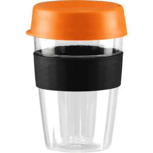 A drink bottle with an orange lid, black band, and clear body, featuring a logo. Capacity of 360ml.