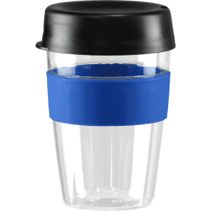 A drink bottle featuring a clear body, a black lid, and a blue silicone band. It has a logo on the surface.