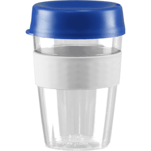 A drink bottle made of clear plastic with a blue lid and a white silicone band, holding 360ml.
