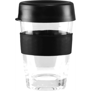 A drink bottle featuring a clear glass body with a black silicone sleeve and a black lid.