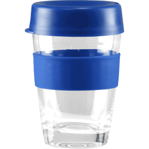 A transparent glass coffee cup with a blue silicone lid and sleeve, holding 340ml of liquid.