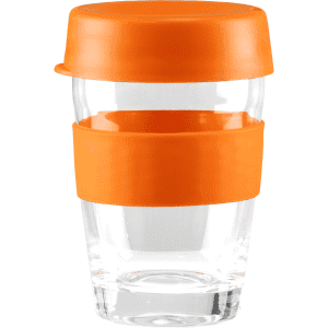 A drink bottle with a clear glass body and orange silicone bands and lid.