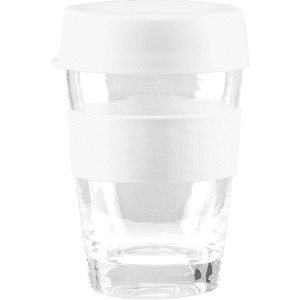 A drink cup with a clear glass body, white silicone sleeve, and white lid, designed for reusable coffee use.