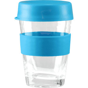 A reusable coffee cup in clear glass with a blue silicone lid and sleeve. It features a logo.