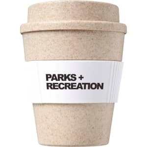 A drink bottle resembling a coffee cup, made from a bamboo mix in a light beige colour, with a logo on its sleeve.