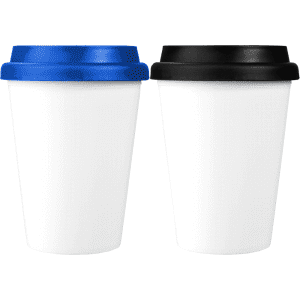 Two insulated tumblers, one with a blue lid and the other with a black lid, both featuring a white body and a logo.