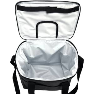 A black cooler bag with a spacious interior, featuring a white lining and a carry handle. It has a logo on the exterior.