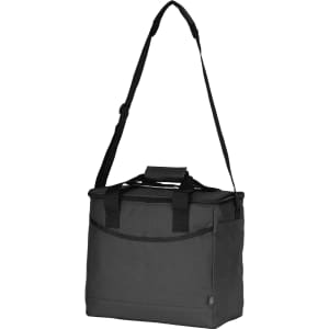 A cooler bag in black, featuring a shoulder strap, top handle, and front pocket, made from recycled material.