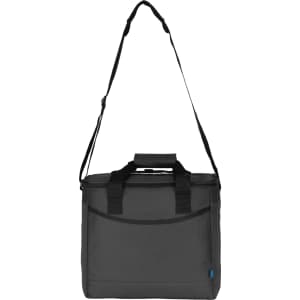 A dark grey cooler bag with a shoulder strap and handles, featuring a front pocket and branded logo.