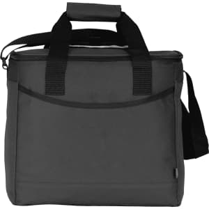A black cooler bag with two sturdy handles and a detachable shoulder strap, featuring a zippered closure and a front pocket.