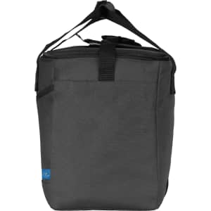 A grey cooler bag with a shoulder strap and top handle, featuring a logo on the front.