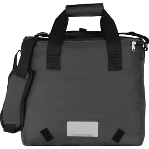 A grey cooler bag with a shoulder strap and top handles, made from recycled materials, featuring a logo.