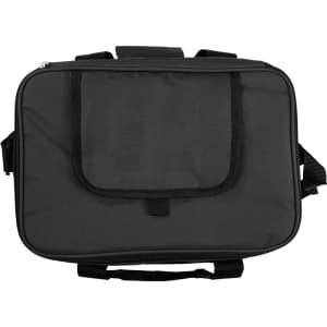 A black cooler bag featuring a front pocket, sturdy handles, and a detachable shoulder strap. It has a logo.