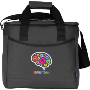 A black cooler bag with a logo featuring a colourful brain design and multiple gears. It has dual handles and a shoulder strap.