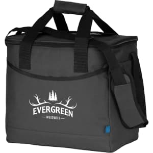 A cooler bag in grey made from Repreve recycled material, featuring dual handles and a shoulder strap.