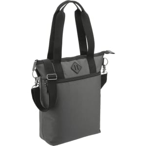 A grey laptop tote bag with adjustable straps and a logo, made from recycled material.