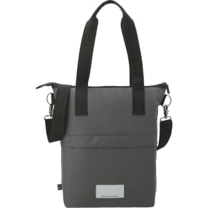A grey laptop tote bag featuring adjustable straps and a logo on the front. Made from recycled materials.