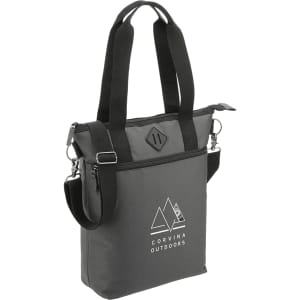 A grey laptop tote bag with black straps and a logo. It features a top zip and front pocket.