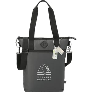A grey laptop tote bag with black straps and a logo, featuring a top clasp and adjustable shoulder strap.