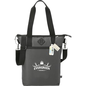 A grey computer tote bag with adjustable straps, featuring a logo and made from recycled materials.