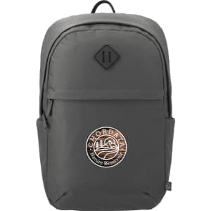 A grey computer backpack made from Repreve recycled material, featuring a logo on the front and adjustable straps.