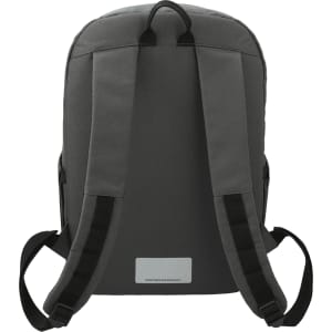 A dark grey backpack with padded shoulder straps and a logo. Made from recycled plastic materials.