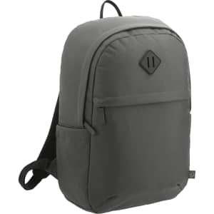A dark grey backpack made from Repreve recycled material, featuring a front pocket and adjustable straps.