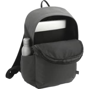 A black computer backpack made from recycled material, featuring a front pocket and a drink bottle in an exterior side pocket.