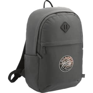 A grey 19L computer backpack made from Repreve recycled material, featuring a front pocket and logo.