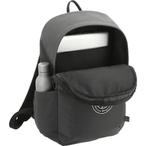A black 19L computer backpack made from Repreve recycled material with a front pocket and a drink bottle in a side pouch.