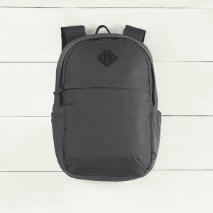 A dark grey backpack made of recycled material, featuring a front pocket and side compartments, with a logo.