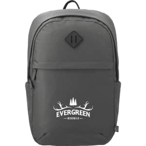 A grey computer backpack made from recycled material with a front logo and dual side pockets.