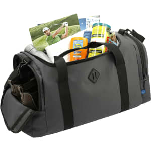 A dark grey duffel bag made from recycled material, filled with various items including drinks and sport-related supplies.