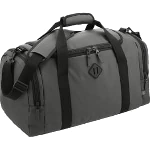 A dark grey duffel bag made from Repreve recycled material, featuring sturdy handles and a shoulder strap.