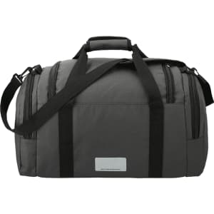 A grey duffel bag made from Repreve recycled material, featuring two handles and a shoulder strap.