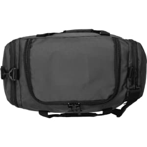 A dark grey duffel bag made from Repreve recycled material with multiple zippered compartments and a shoulder strap.