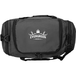 A grey duffel bag made from recycled material, featuring a logo on the front and multiple compartments.