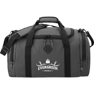A grey duffel bag made from recycled material, featuring black straps and a logo.