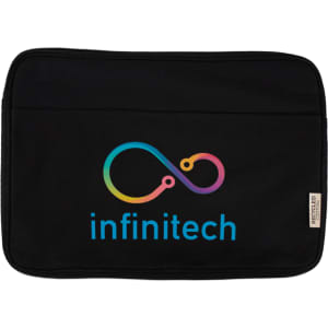 A black recycled canvas laptop sleeve featuring a colourful logo and a zippered pocket. Suitable for a 16" laptop.